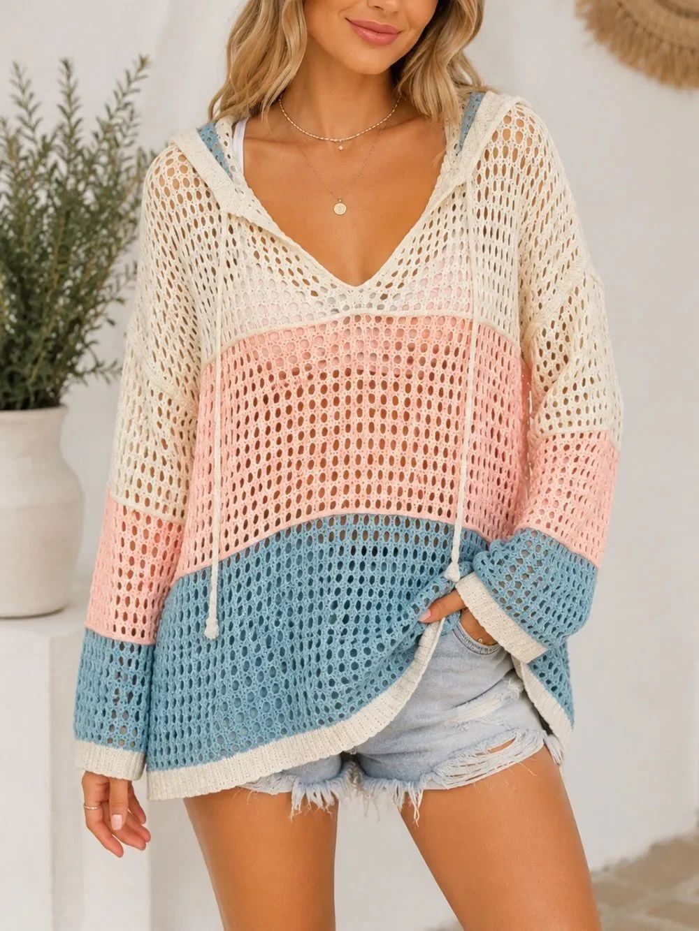 POL Pastel Colorblock Open Knit Hooded Sweater Beach Cover Up L Boho